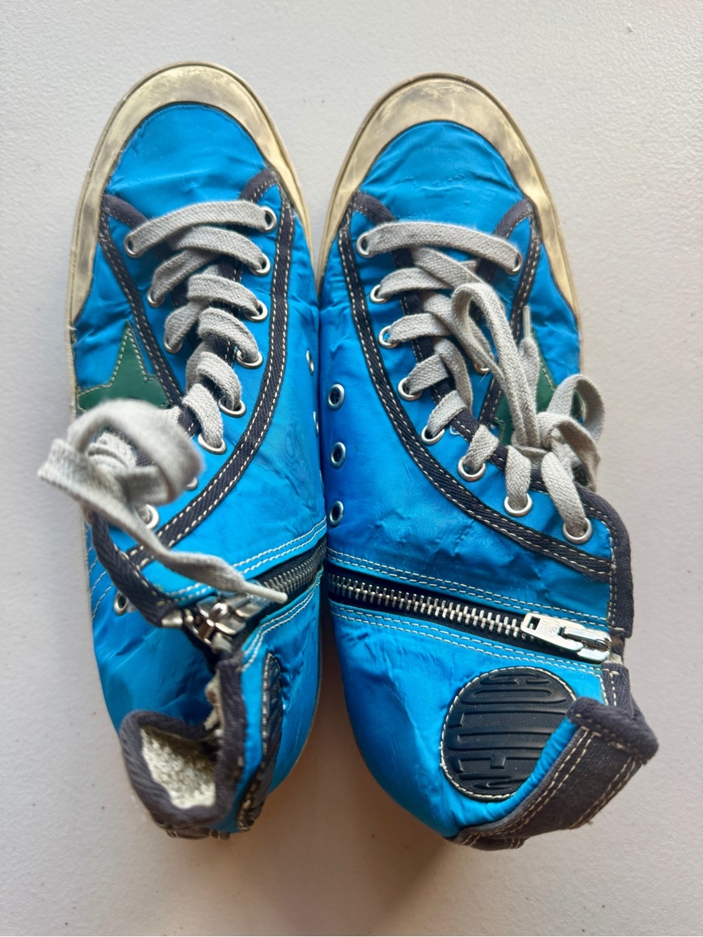 Golden Goose Blue High Top Zip Sneakers EU 41 Green Star Distressed